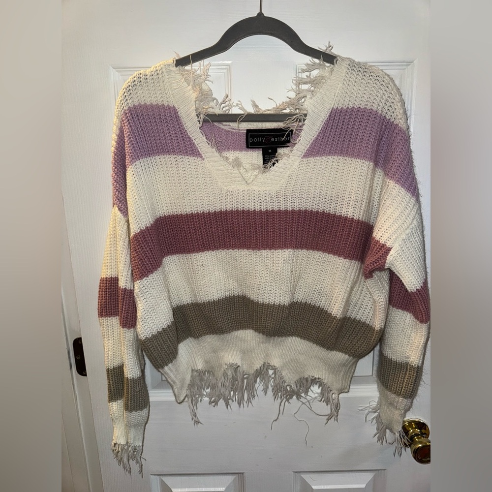 Women's Striped Sweater - Purple, White, Tan